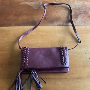 Burgundy Crossbody Bag with tassel zipper and braided trim- folds like envelope